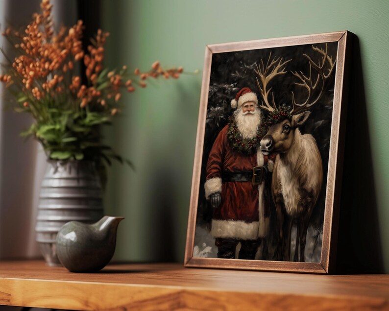 dark christmas decor,moody christmas art,dark academia decor,santa reindeer print,reindeer wall art,santa wall art,black background art,vintage christmas,vintage santa claus reindeer print,santa printable,vintage winter print,dark academia santa
