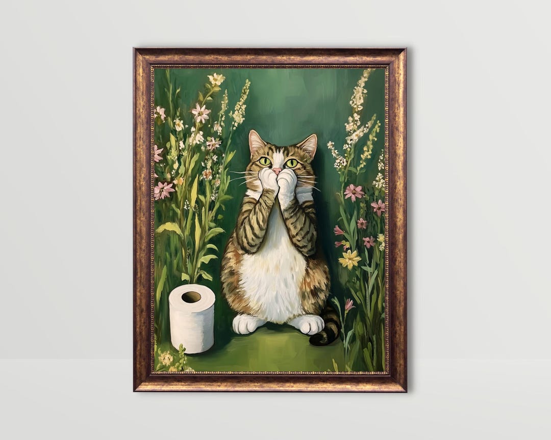 Bathroom Cat | Funny Bath Wall Art, Toilet Paper Art, Green Powder Room ...