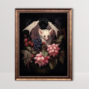 Albino Fruit Bat | Dark Cottagecore Goth Print, Floral Vintage Painting, Botanical Gothic Wall Art Whimsigoth Decor, Dark Academia Printable