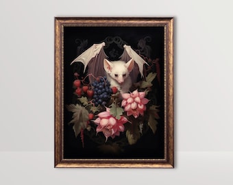 May include: A white bat with outstretched wings sits in a bouquet of pink flowers, red berries, and purple grapes. The bat is surrounded by lush green leaves and vines. The artwork is framed in a gold frame.