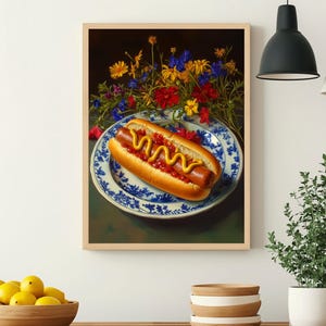 hot dog wall art,trendy wall art,quirky kitchen decor,fun food wall art,funny still life painting,bar cart wall art,fun kitchen decor,hot dog painting,funny kitchen art,moody colorful art,moody kitchen art,dark kitchen decor,moody floral art,moody food art,whimsical wall art,whimsical food art,funny food prints,food wall art,kitchen wall art,dining room wall art,wildflower kitchen art,foodie wall art,dorm room decor, dorm wall decor,diner wall art,dinner wall art,fun living room wall art