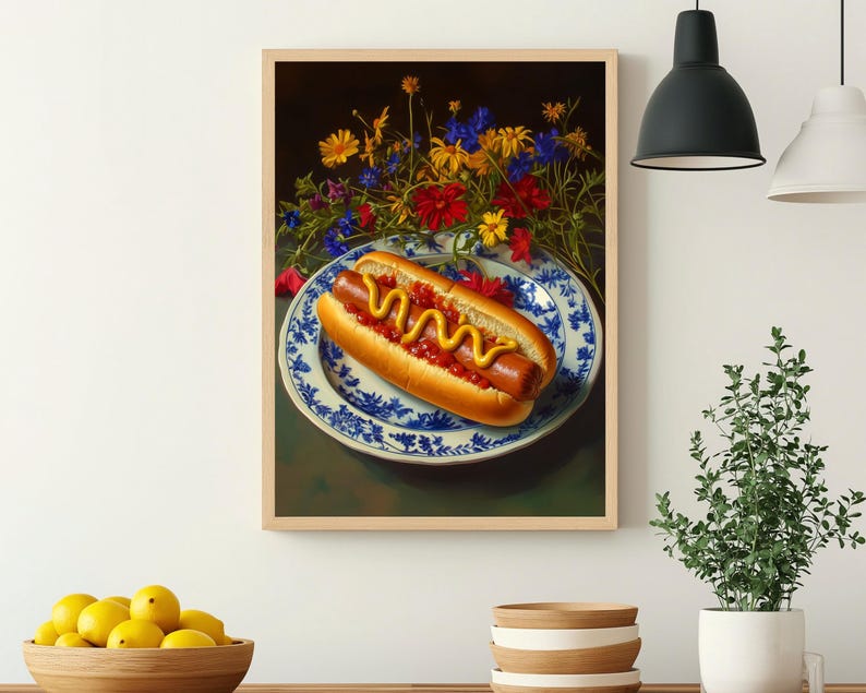 hot dog wall art,trendy wall art,quirky kitchen decor,fun food wall art,funny still life painting,bar cart wall art,fun kitchen decor,hot dog painting,funny kitchen art,moody colorful art,moody kitchen art,dark kitchen decor,moody floral art,moody food art,whimsical wall art,whimsical food art,funny food prints,food wall art,kitchen wall art,dining room wall art,wildflower kitchen art,foodie wall art,dorm room decor, dorm wall decor,diner wall art,dinner wall art,fun living room wall art