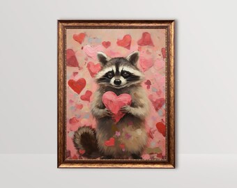 Raccoon | Valentines Wall Art, Pink Valentine Day Decor, Cute Racoon Gifts, Romantic Art Print, Funny Love Prints, Heart Painting Printable