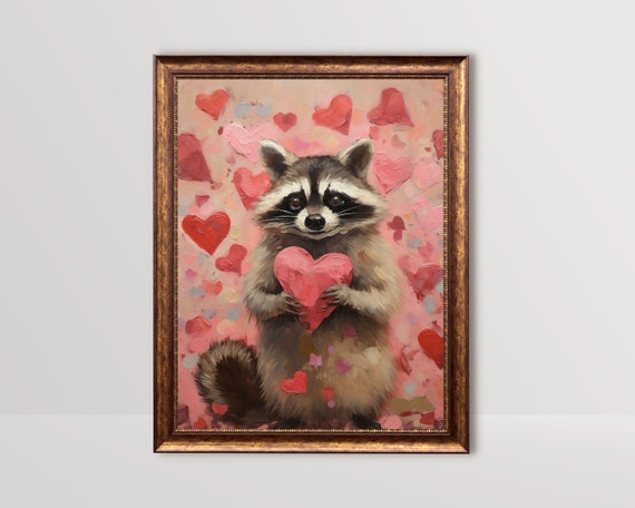 Raccoon | Valentines Wall Art, Pink Valentine Day Decor, Cute Racoon Gifts, Romantic Art Print, Funny Love Prints, Heart Painting Printable