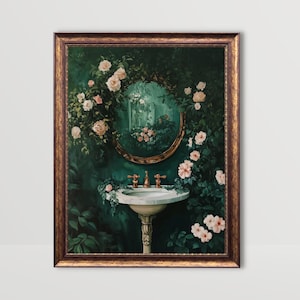 May include: A framed painting of a white porcelain sink with gold faucets, surrounded by lush green foliage and pink roses. The sink is in front of a gold-framed oval mirror reflecting a similar scene.