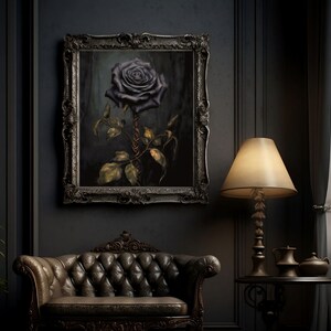 May include: A dark, moody painting of a single black rose in a gold frame. The rose is depicted with a long stem and thorns, and the background is a dark green.