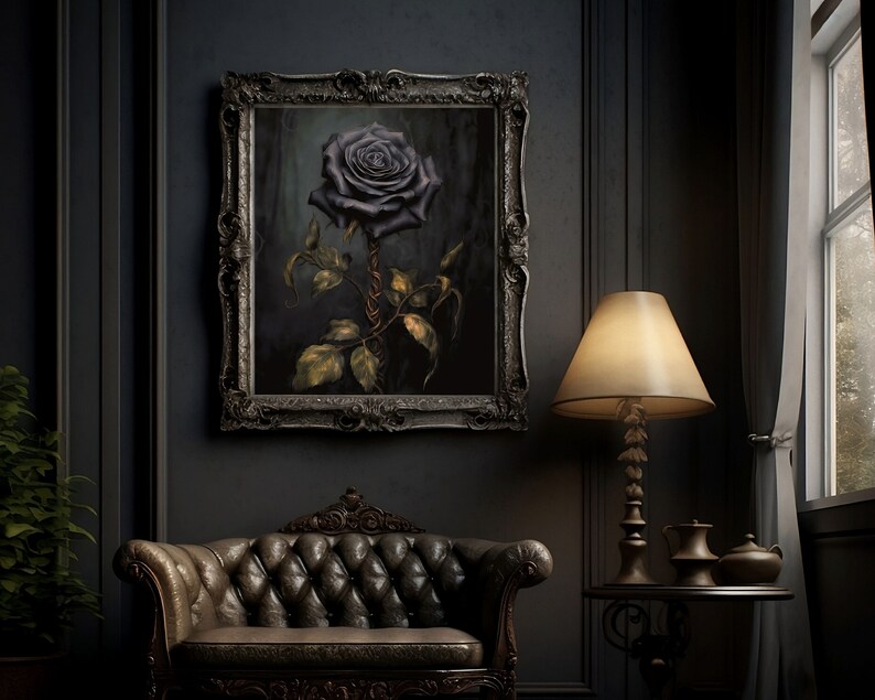 May include: A dark, moody painting of a single black rose in a gold frame. The rose is depicted with a long stem and thorns, and the background is a dark green.
