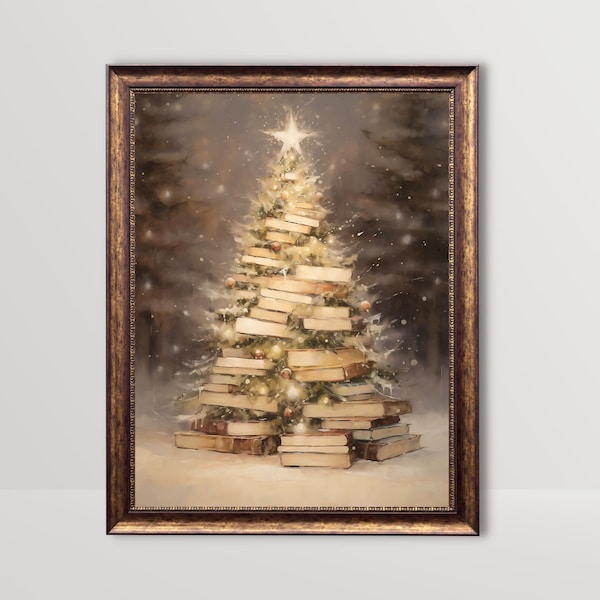 Christmas Tree of Books | Rustic Holiday Wall Art, Vintage Winter Oil Painting, Xmas Printable, Book Lover Gift Print, Festive Library Decor