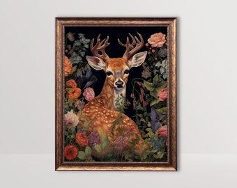Botanical Deer | Dark Gothic Cottagecore Art, Moody Floral Painting, Goth Wall Art Decor, Fairycore Printable, Dark Academia Print Aesthetic