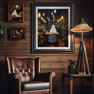 ghost with books botanical coffee shop bookstore,spooky adorable creepy art oil painting,whimsigoth gothic ghost poster,goth cottagecore wall art, dark academia halloween prints, sheet ghost library cute creepy printable,bookish ghost, booklover gift