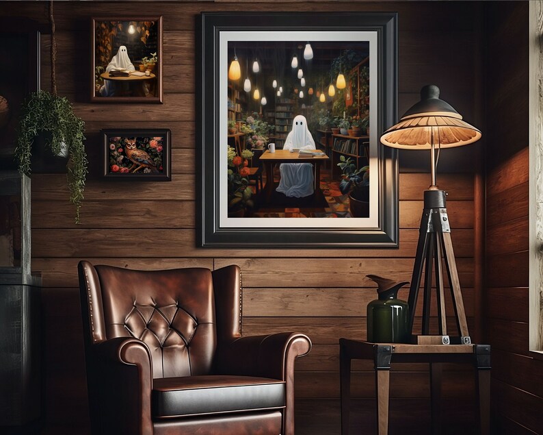 ghost with books botanical coffee shop bookstore,spooky adorable creepy art oil painting,whimsigoth gothic ghost poster,goth cottagecore wall art, dark academia halloween prints, sheet ghost library cute creepy printable,bookish ghost, booklover gift