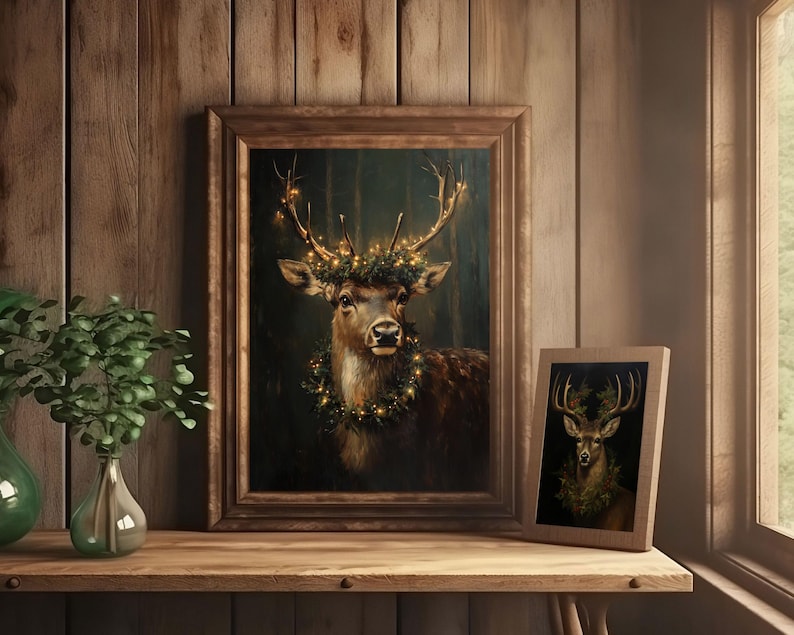 reindeer print,dark christmas wall art,moody winter print,dark academia prints,reindeer painting,holiday home decor,festive xmas decor, christmas printables,vintage christmas prints,cottagecore christmas,christmas deer print, vintage reindeer art
