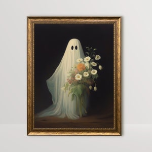 Fantasma con ramo de flores / Arte romántico de la pared espeluznante, Cottagecore oscuro Adorable pintura espeluznante Decoración gótica Whimsigoth Impresión gótica imprimible