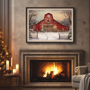 Christmas Farm Red Barn | Rustic Holiday Decor, Festive Wall Art ...