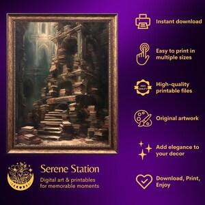 May include: A digital art print of a painting depicting a large stack of books forming a tower in a room with a high ceiling. The books are arranged in a spiral pattern, creating a staircase leading up to the top of the tower. The print is framed in a gold frame and has the text "Serene Station" and "Digital art & printables for memorable moments" below the image.