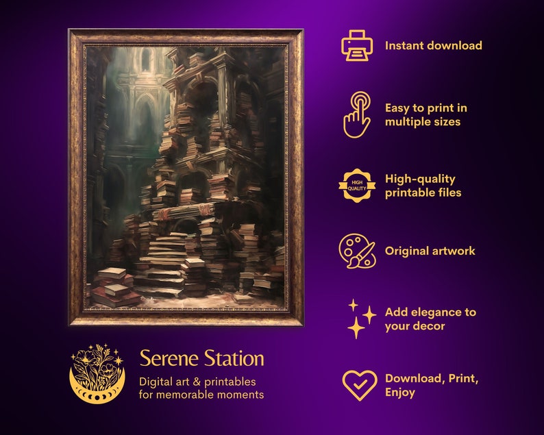 May include: A digital art print of a painting depicting a large stack of books forming a tower in a room with a high ceiling. The books are arranged in a spiral pattern, creating a staircase leading up to the top of the tower. The print is framed in a gold frame and has the text "Serene Station" and "Digital art & printables for memorable moments" below the image.