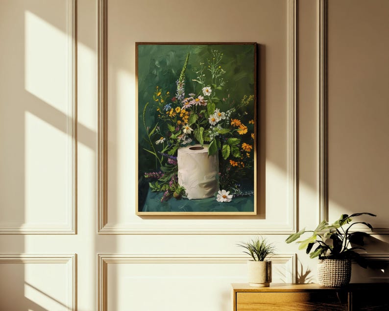 toilet paper art, bathroom wall art, bathroom wall decor, funny bathroom art, toilet wall art, bathroom wall art, botanical prints, botanical bathroom, green bathroom decor, dark bathroom decor, floral bathroom art, botanical wall art, moody wall art, cottagecore decor, dark cottagecore art, funny bathroom art, toilet painting, toilet art, moody green art, moody bathroom art, powder room art, guest bathroom art, toilet paper flowers, dark green painting, guest bath print, guest bathroom print