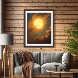 May include: A framed painting of a bright yellow sun shining through dark clouds in a blue sky.