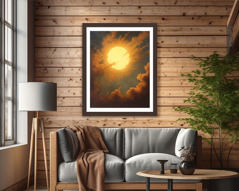 May include: A framed painting of a bright yellow sun shining through dark clouds in a blue sky.