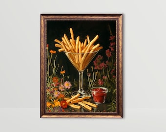 Frieten | Grillig eten muurkunst, humeurige keuken print leuke snack prints grappig stilleven schilderij, barwagen kunst fancy martiniglaskunst