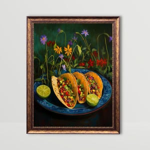 Tacos | Wunderliche mexikanische Essen Wandkunst, stimmungsvolle Küche Drucke, lustige Snack Drucke, Taco dunkelgrün Stillleben Malerei, lustige Foodie druckbare