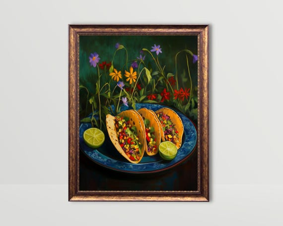 Tacos | Whimsical Mexican Food Wall Art, Moody Kitchen Print, Fun Snack Prints, Taco Dark Green Still Life Painting, Funny Foodie Printable