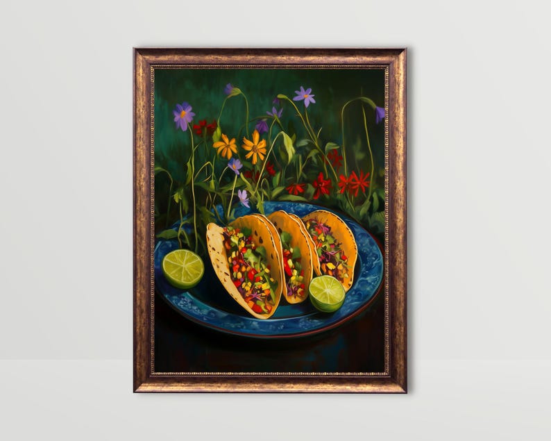 taco wall art,taco oil painting,vintage taco print,mexican food wall art,kitchen wall art,whimsical wall decor,food wall art, funny food prints,still life wall art,still life painting,bar cart decor,moody kitchen decor,moody kitchen art,dark kitchen art,kitchen wall decor,moody kitchen print,wildflowers art print,whimsical art prints,moody kitchen art,dark kitchen prints,wildflower kitchen art, cottagecore wall art,food art print,fun kitchen art,dinner wall art,dining wall art,foodie wall art