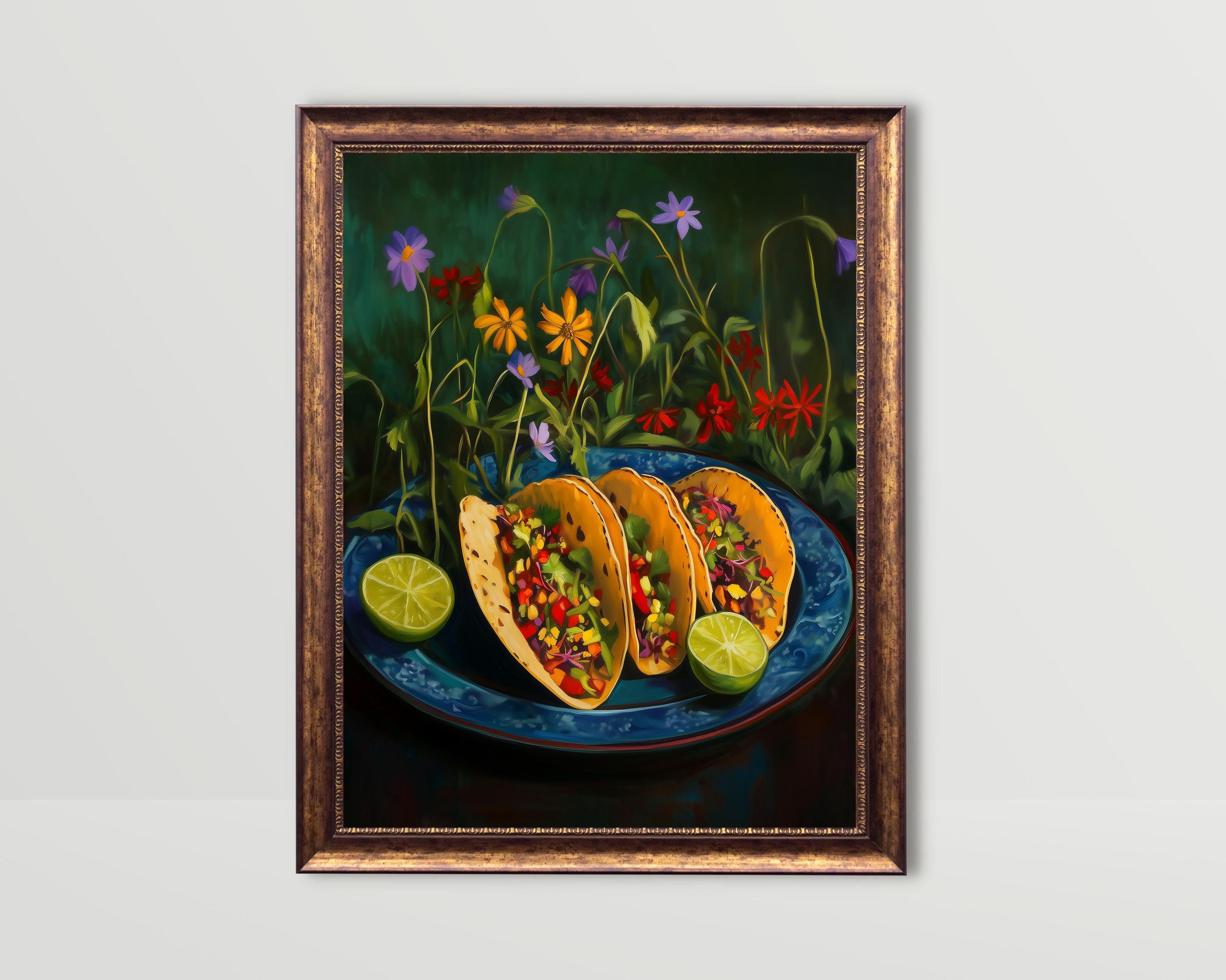 Tacos | Whimsical Mexican Food Wall Art, Moody Kitchen Print, Fun Snack Prints, Taco Dark Green Still Life Painting, Funny Foodie Printable