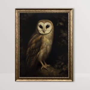 Gufo / pittura a olio antica, uccello vintage stampabile, stampa accademica oscura, arte della parete lunatica, arredamento della camera gotica, estetica cottagecore della strega oscura