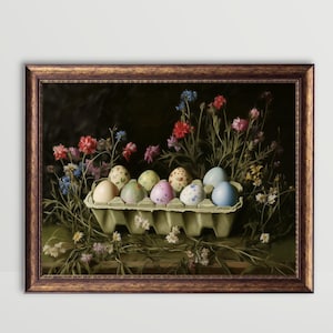 Easter Eggs | Easter Wall Art Moody Kitchen Decor Still Life Prints Dark Green Whimsical Print Vintage Egg Carton Flowers Painting Printable