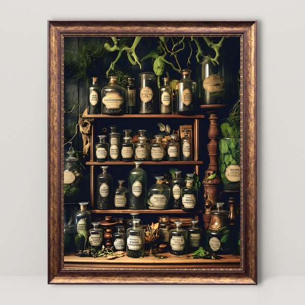 Vintage Apothecary | Dark Academia Wall Art, Witch Kitchen Decor, Antique Oil Painting, Goth Cottagecore Aesthetic, Witchy Decor Printable