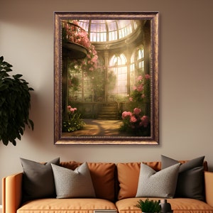 Victorian Conservatory Greenhouse Vintage Oil Painting, Renaissance Aesthetic, Coquette Room Decor, Light Academia Wall Art, Fairycore Print image 2