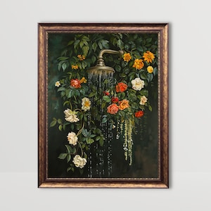 bathroom wall art,bath wall decor,shower print, shower painting, dark green wall art,bathtub wall art,floral bathroom art, botanical shower wall art, moody wall art, vintage oil painting, laundry wall decor, cottagecore decor, dark cottagecore art
