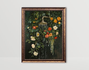 Botanical Bathroom | Floral Bath Wall Art, Shower Print Cottagecore Decor Dark Green Prints Laundry Room Decor Moody Plants Flowers Painting