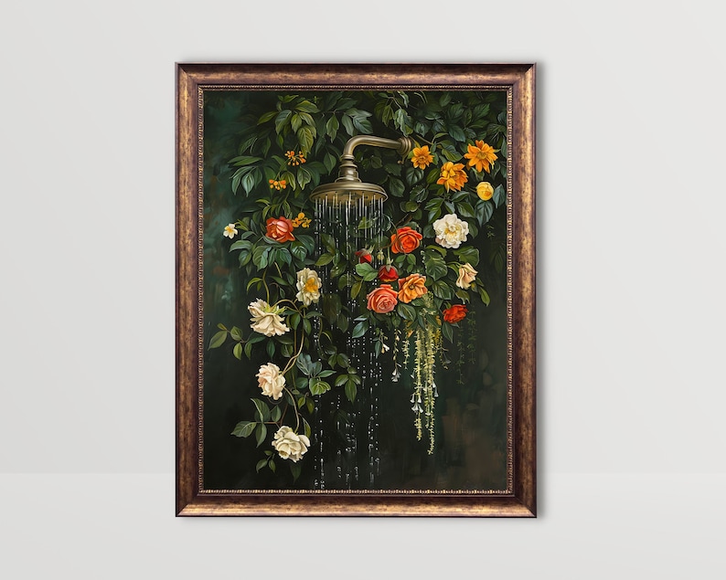 bathroom wall art,bath wall decor,shower print, shower painting, dark green wall art,bathtub wall art,floral bathroom art, botanical shower wall art, moody wall art, vintage oil painting, laundry wall decor, cottagecore decor, dark cottagecore art