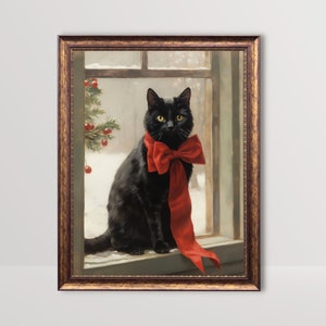 お祝いの黒猫 | 素朴な冬のプリント、クリスマス ウォール アート、ヴィンテージの猫の絵画、コテージコアのホリデー デコレーション、クリスマス プリント、猫好きへのギフト