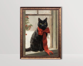 Festive Black Cat | Rustic Winter Print, Christmas Wall Art, Vintage Cat Painting, Cottagecore Holiday Decor, Xmas Printable, Cat Lover Gift