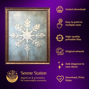 snowflake wall art, blue snowflake painting art print,rustic christmas winter printable,xmas printable,winter wall art,vintage winter oil painitng,festive home decor,snowflakes printables,rustic holiday wall decor,farmhouse christmas,xmas decorations