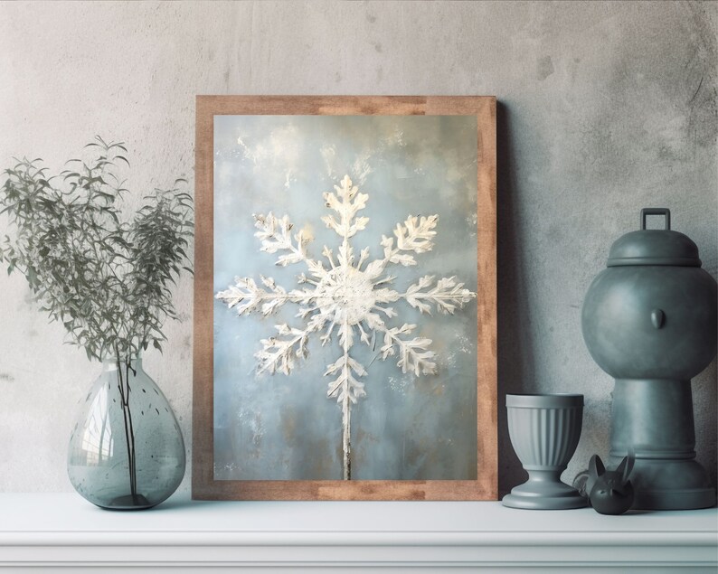 snowflake wall art, blue snowflake painting art print,rustic christmas winter printable,xmas printable,winter wall art,vintage winter oil painitng,festive home decor,snowflakes printables,rustic holiday wall decor,farmhouse christmas,xmas decorations