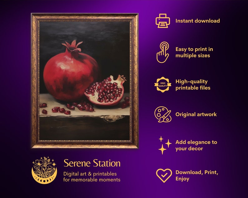 Pomegranate Still Life Oil Painting, Kitchen Wall Art, Moody Fruit Print, Vintage Red Garnet Printable Decor, Dark Minimalist Aesthetic zdjęcie 7