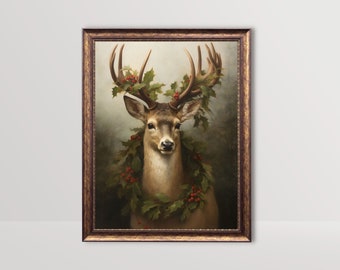 Christmas Reindeer in Forest | Rustic Holiday Decor, Cottagecore Winter Print, Festive Wall Art, Deer Stag Vintage Painting, Xmas Printable