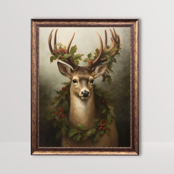 Christmas Reindeer in Forest | Rustic Holiday Decor, Cottagecore Winter Print, Festive Wall Art, Deer Stag Vintage Painting, Xmas Printable