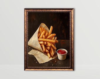 French Fries on Newspaper | Whimsical Food Wall Art, Moody Kitchen Print, Dark Still Life Painting, Bar Cart Decor, Vintage Dining Room Art