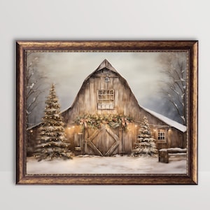 Christmas Farm Rustic Barn | Farmhouse Winter Landscape Painting Holiday Decor Festive Wall Art Vintage Neutral Country Print Xmas Printable