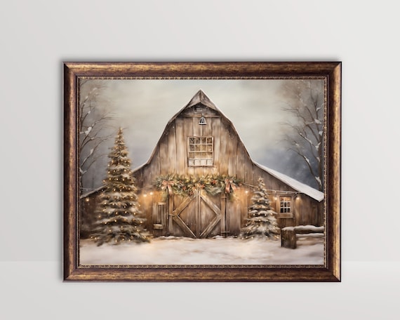 Christmas Farm Rustic Barn | Farmhouse Winter Landscape Painting Holiday Decor Festive Wall Art Vintage Neutral Country Print Xmas Printable