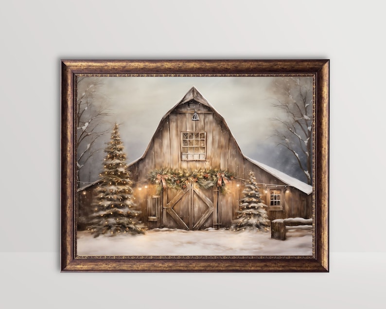 rustic barn print,winter farm scene,winter farmhouse,christmas barn decor,barn oil painting, country christmas, winte landscape art,neutral christmas wall art,vintage christmas prints,festive wall art,holiday decor,xmas printable,winter oil painting