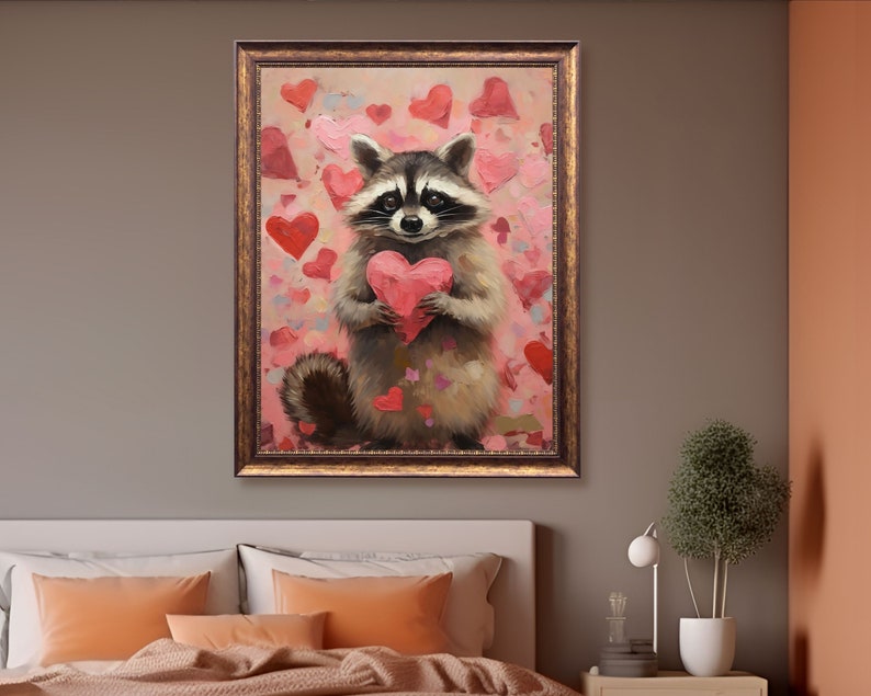 raccoon art print,raccoon valentine gifts,valentines wall art,valentine day gift, valentines printable,valentines prints,pink valentine decor,romantic art print,love wall art,pink bedroom decor,heart painting,pink heart art, funny anniversary gifts