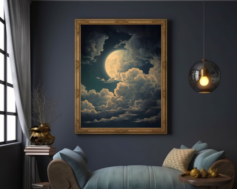 Moon and Clouds | Antique Celestial Wall Art, Moody Night Sky Painting ...