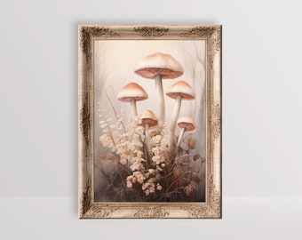 Funghi nebbiosi / Stampa Cottagecore, Blush Boho Fall Decor, Arte della parete autunnale stampabile, Pittura botanica vintage, Estetica rosa Naturecore