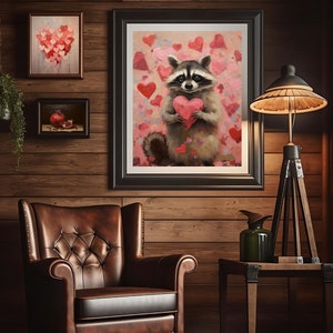 raccoon art print,raccoon valentine gifts,valentines wall art,valentine day gift, valentines printable,valentines prints,pink valentine decor,romantic art print,love wall art,pink bedroom decor,heart painting,pink heart art, funny anniversary gifts